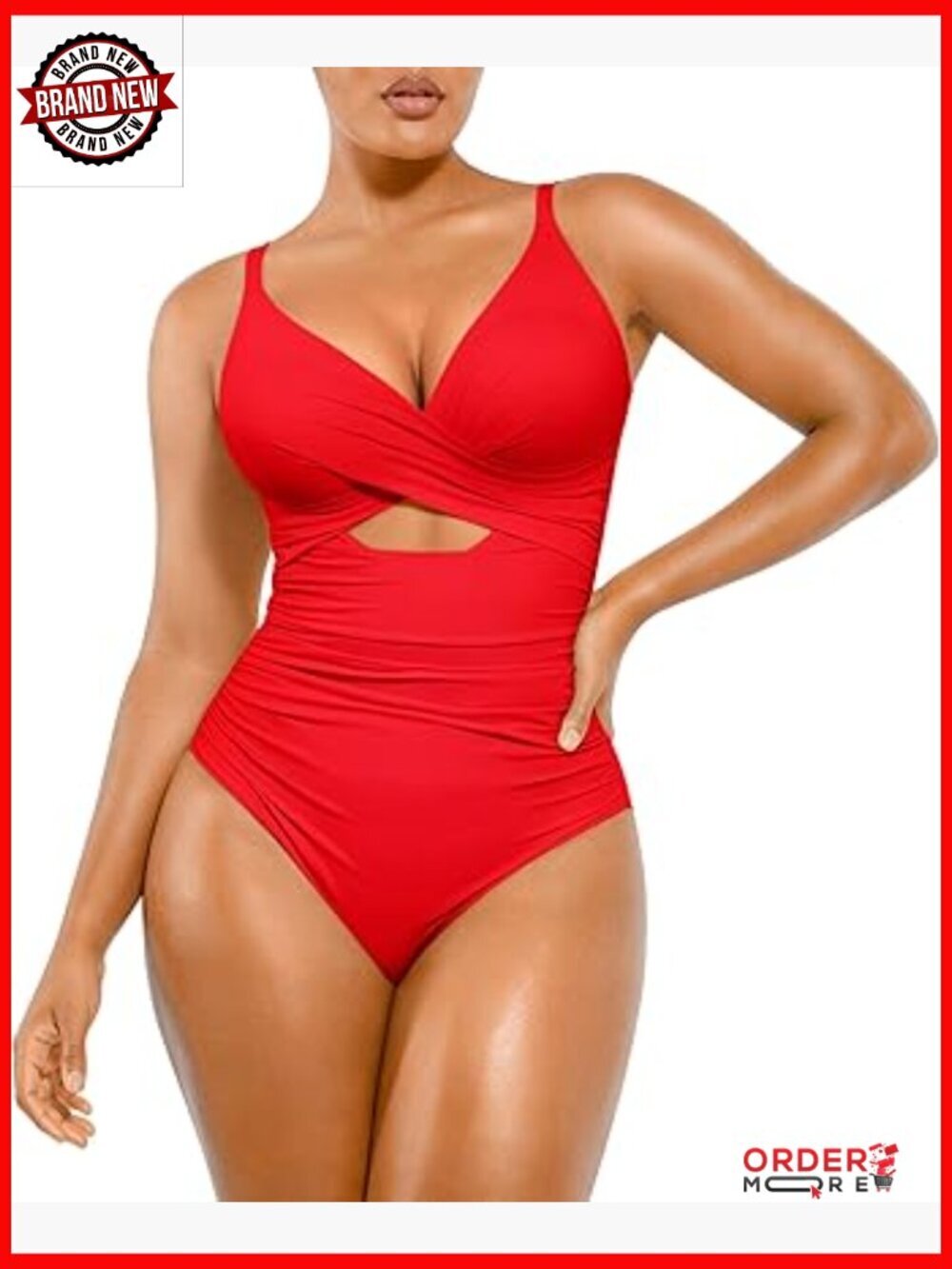 Tummy Control One Piece Swimsuit Ruched Push Up Built-in Bra V Neck